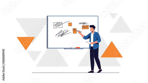 Man presenting ideas on whiteboard, learning, planning, brainstorming, strategy, meeting