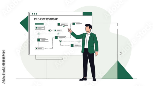 Man presenting project roadmap on screen, business strategy planning, Gantt chart concept