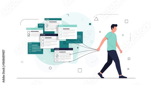 Man Pulling Tasks from Digital Interface, Task Management Concept
