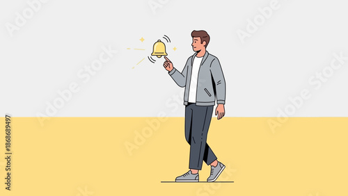 Man Ringing Notification Bell Icon, Alert Symbol, Reminder Concept, Vector Illustration