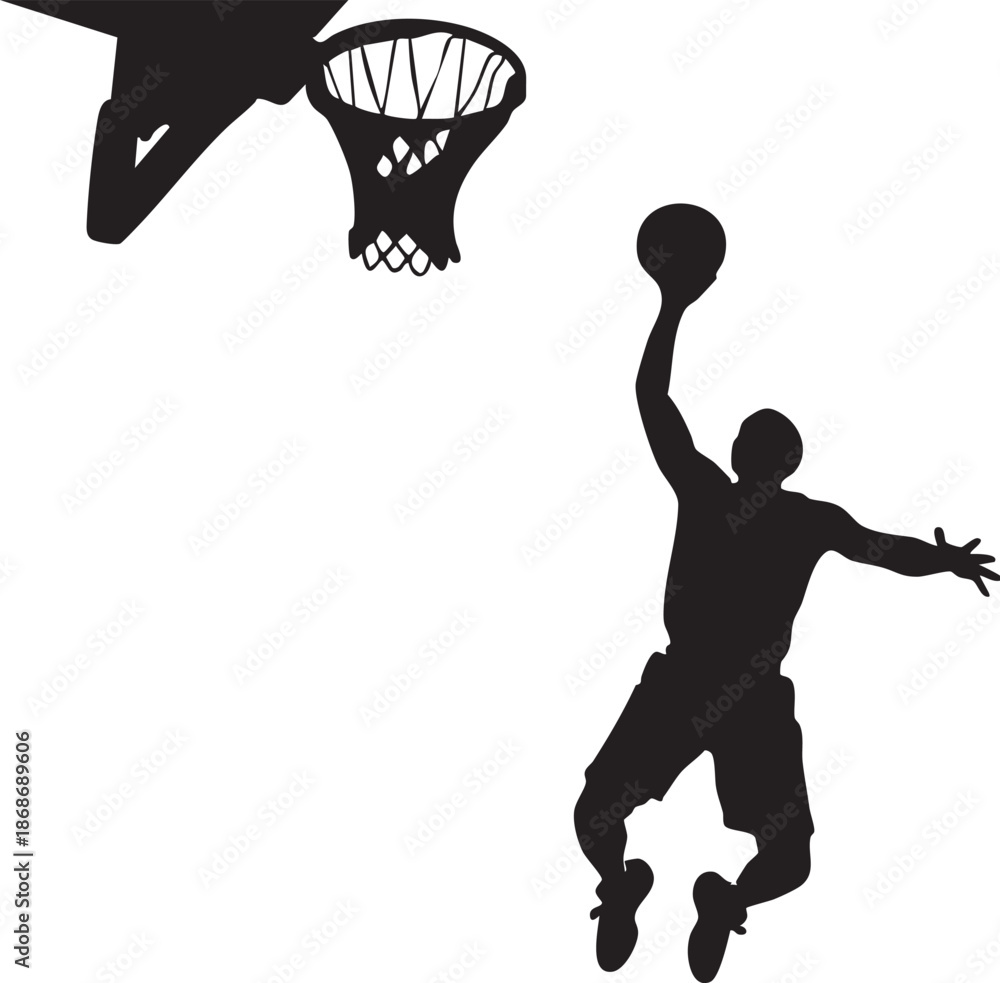 Obraz premium Black silhouette of basketball player dunking on a basketball hoop