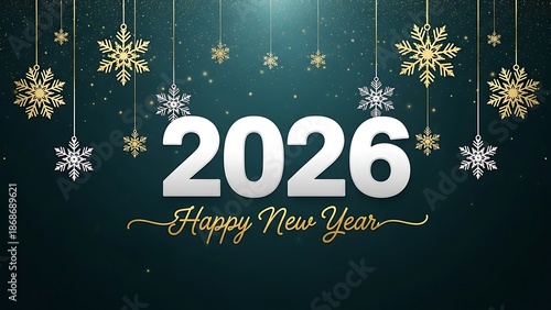 New Year 2026 celebration with hanging snowflakes Happy New Year gold white