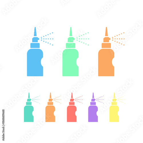 colorful nasal spray bottles icons set for pharmacy websites, medicine catalogs, allergy treatment blogs, healthcare brochures, stationary design and flu awareness presentations