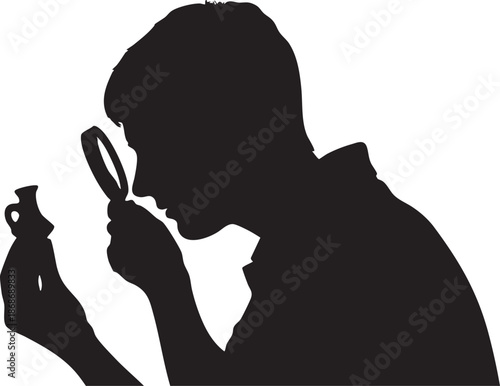Black silhouette of person holding a magnifying glass to their eye white human