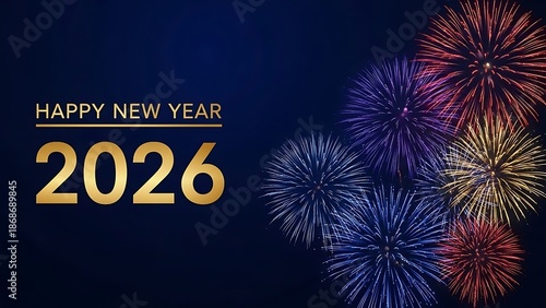 Happy New Year 2026 gold text with colorful fireworks on dark blue background