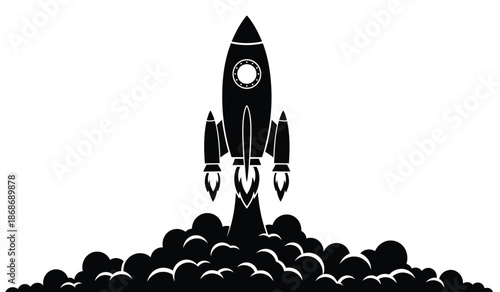 A striking black and white image depicts a rocket ascending with intense flames and smoke billowing beneath it symbolizing space exploration