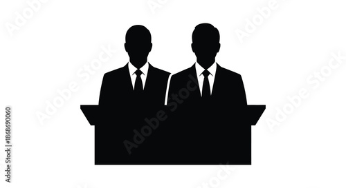 Two formally dressed men standing at podiums delivering speeches or presenting information a distinct silhouette