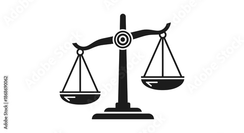 A striking black and white illustration depicts a classic balance scale symbol representing justice and fairness silhouette