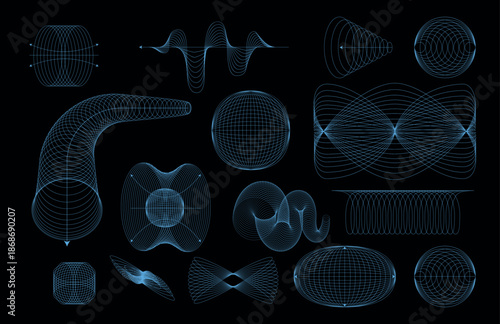 Collection of strange wireframes vector 3d geometric shapes, distortion and transformation of figure