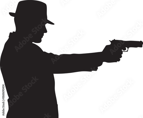 Black silhouette of person wearing hat aiming a revolver