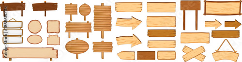 Collection of various wooden signs and directional arrows on a white background