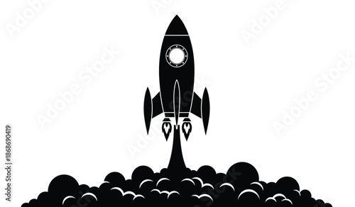 A striking black silhouette of a rocket ship taking off with fiery exhaust against a clean minimalist white background creating a dynamic image