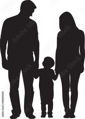 Black silhouettes of a family of three standing together holding hands parents child
