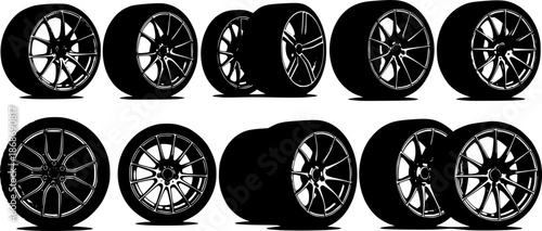 silhouette of Car Rims with tires and without tires Vector 