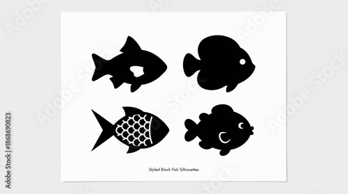 Black Fish Silhouette Vector Set Featuring Four Distinct Aquatic Shapes for Marine Design, Educational Materials, and Artistic Inspiration Projects