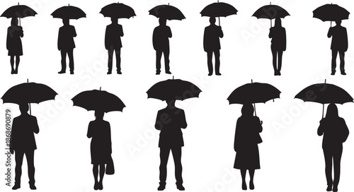 Black silhouettes of people holding umbrellas in a row