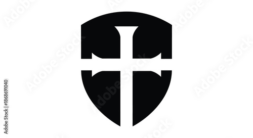 A striking black and white shield emblem design featuring a cross and shield shape silhouette