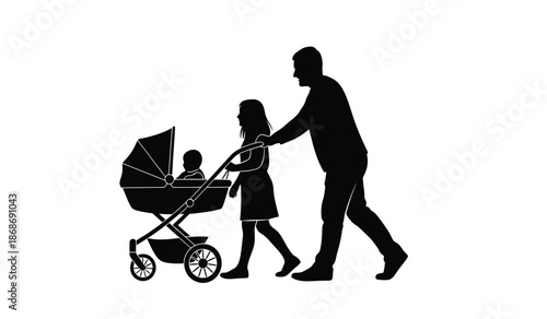 a silhouette of a family walking together featuring a father a young child and a baby in a stroller symbolizing togetherness