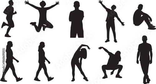 Black silhouettes of people performing various exercises and activities