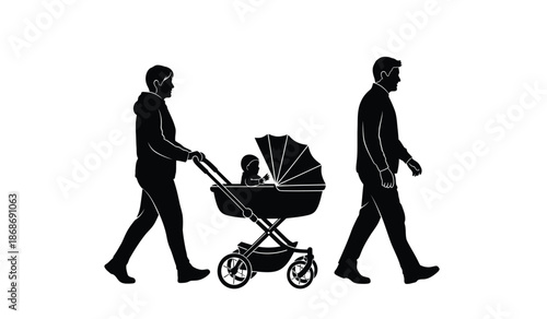 a silhouette of a father pushing a stroller with a baby and another man walking alongside them high quality professional detailed