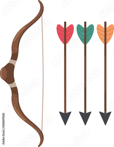 Archery bow and arrow set with colorful fletching and wooden recurve bow illustration for primitive hunting and sports hobby concept