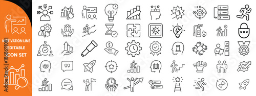 Motivation line editable icon set. Containing personal growth, goal setting, perseverance, achievement, teamwork, passion, thumbs up, and more. Vector illustration. 