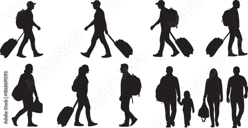 Black silhouettes of people walking with luggage and backpacks