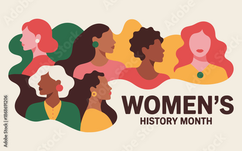 Women's History Month Banner with Diverse Female Portraits and Abstract Shapes