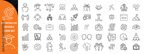 Motivation line editable icon set. Containing personal growth, goal setting, perseverance, achievement, teamwork, passion, thumbs up, and more. Vector illustration. 