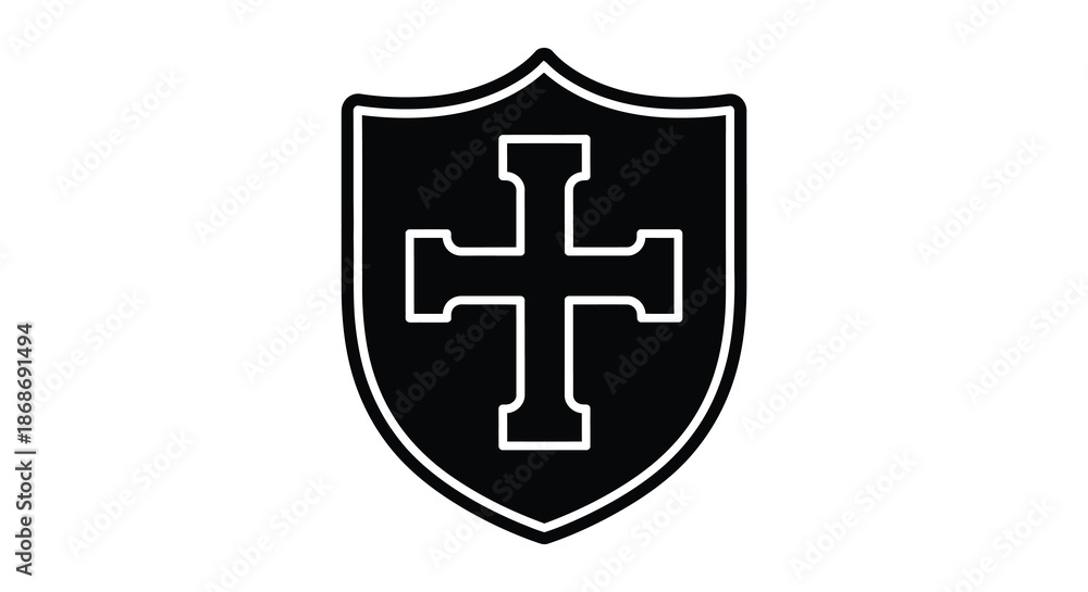 Fototapeta premium A striking black shield emblem with a white cross design a bold heraldic representation silhouette