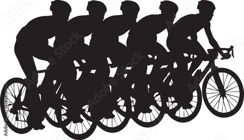 Five black silhouettes of cyclists riding bicycles in a row on a white background
