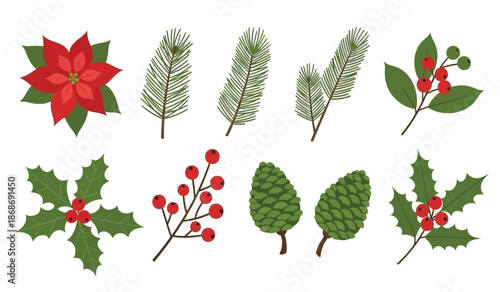 A charming collection of festive holiday foliage including poinsettia holly pine and fir branches creating a seasonal atmosphere high quality professional