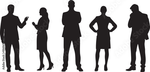 Five black silhouettes of people in business attire standing and conversing