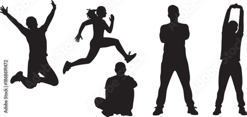 Five black silhouettes of people in various dynamic poses against a white background 1