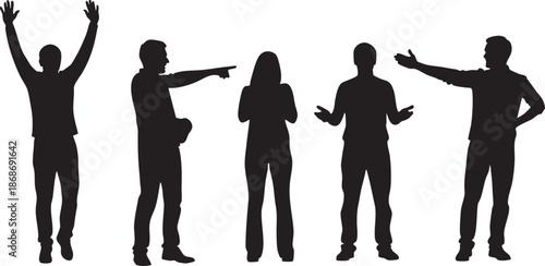 Five black silhouettes of people with different gestures and poses