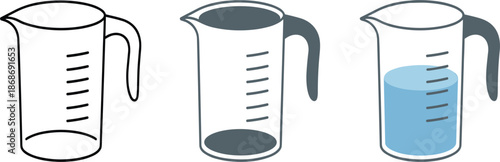 Measuring cup vector icon set with empty, solid, and water-filled designs for kitchen cooking and baking measurement concept