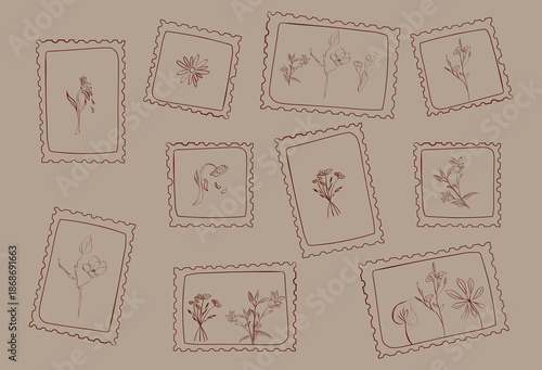 Hand drawn Postal marks set in doodle sketch style with flowers