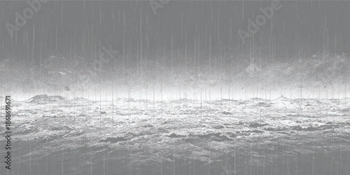 A detailed monochromatic image of heavy rain falling over a desolate cloudscape or terrain