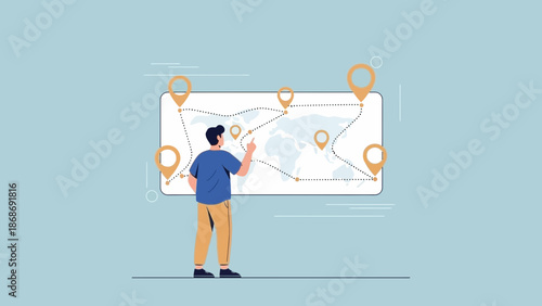 Man pointing at world map with location pins, global travel concept