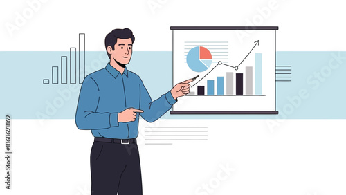 Man presenting business growth chart on a whiteboard, pointing with pen