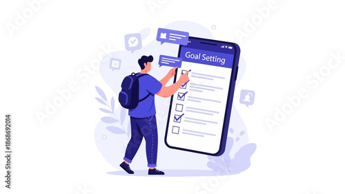 Man Setting Goals on Smartphone App, Planning Success, Achievement, Strategy