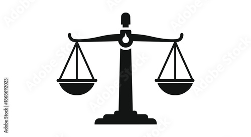 A striking black and white image depicts a traditional balance scale symbolizing justice and fairness silhouette