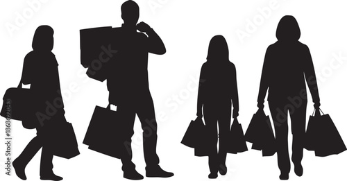 Four black silhouettes of people carrying shopping bags in a row