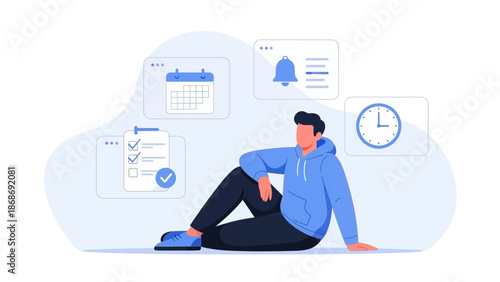 Man sitting with calendar, checklist, notification and clock icons around him