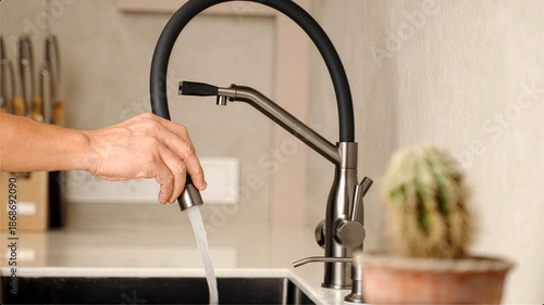 Slika na platnu Close up of hand holding pull down kitchen faucet with running water