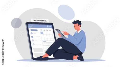 Man using digital planner on tablet for organization and productivity