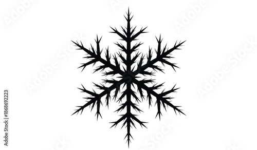 a detailed black silhouette of a snowflake with intricate branching patterns against a stark white background showcasing its delicate structure