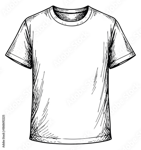 Hand drawn line art illustration of a t-shirt depicting a blank casual garment for clothing design templates