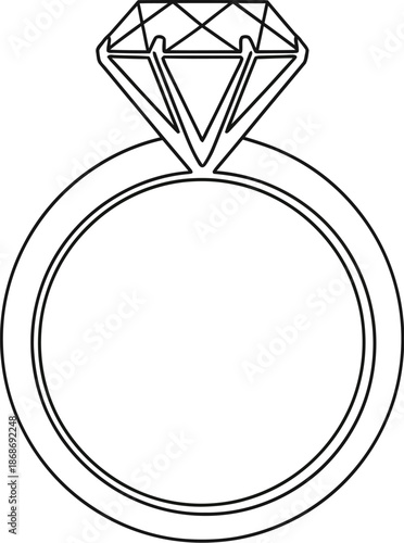 Outline drawing of a solitaire diamond engagement ring featuring a single faceted gemstone set atop a simple circular band perfect for jewelry design concepts or romantic celebration graphics