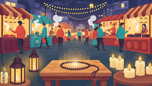 Vibrant market scene at night, filled with stalls, lanterns and people. Focus on the charm of the stalls lit up with lights